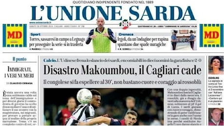 L'apertura de L'Unione Sarda su Udinese-Cagliari: Disastro Makoumbou, il Cagliari cade