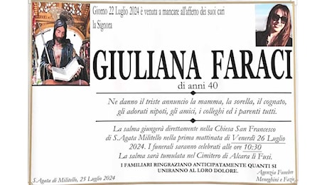 S.Agata Militello: Venerdì i funerali di Giuliana Faraci. Attesa per l’esito dell’autopsia
