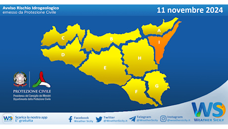 Meteo Sicilia: bollettino di allerta meteo per domani, lunedì 11 novembre 2024