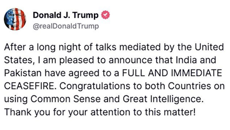 Guerra India-Pakistan, annunciato cessate il fuoco immediato, Trump: “Stati Uniti mediatori per tregua piena, prevalso buon senso e intelligenza”