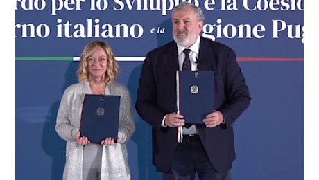 Giorgia Meloni a Bari per siglare il patto di Coesione: Alla Puglia 6,5 miliardi per 470 progetti strategici