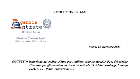 Transizione 5.0: dall’Agenzia delle Entrate arriva il codice tributo