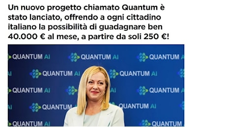 Truffe online, falsi video di Giorgia Meloni promettono un guadagno di 50 mila euro con un investimento di 250. Consob oscura 6 siti