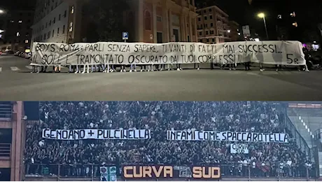 Derby Genoa Samp: striscione contro boys Roma dei genoani in piazza Alimonda